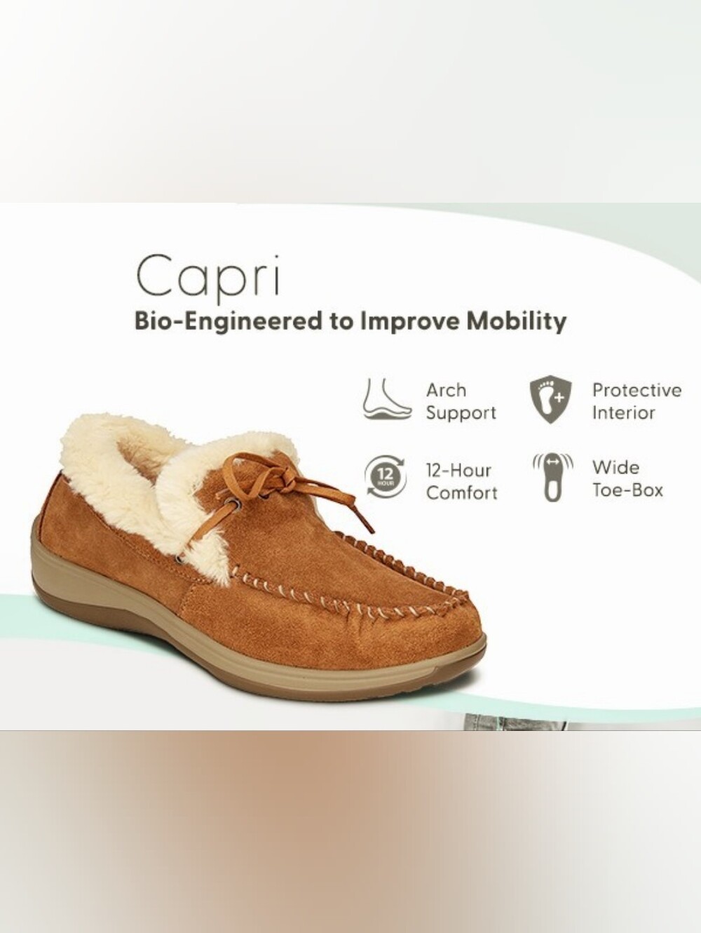 ORTHOFeet Capri Faux-Suede Moccasin Slippers With Plush Lining In Camel Sz.9.5